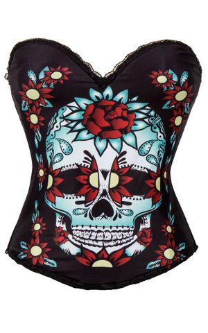 F66372 Sugar Skull Corset Top Multi-Colour With Skull & Flowers